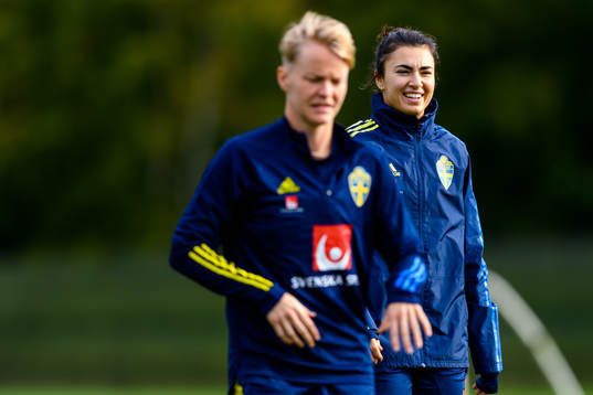 Nilla Fischer and goalkeeper Zecira Musovic of the Swedish