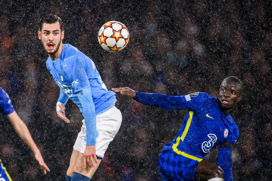 Adi Nalic of Malmö FF against N'Golo Kante of Chelsea