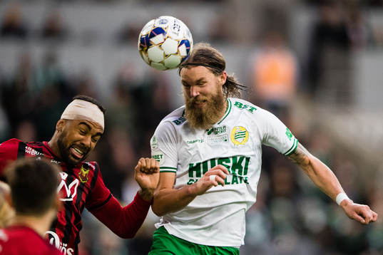 Östersunds Noah Sonko Sundberg och Hammarbys Bjørn Paulsen i en nickduell