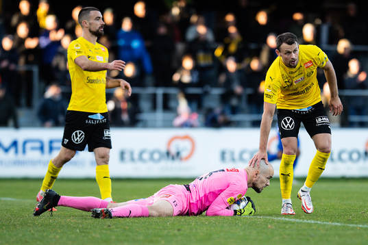 Mjällbys målvakt Carl-Johan Eriksson och Max Watson