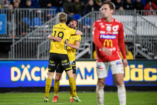 Elfsborgs Jeppe Møldrup Okkels jublar tillsammans med Frederik Holst efter 0-2