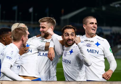 IFK Norrköpings Christoffer Nyman, Christopher Telo och Carl Björk jublar efter mål 2-0