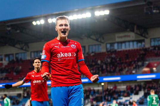 Helsingborgs Rasmus Karjalainen jublar efter att han gjort 3-0