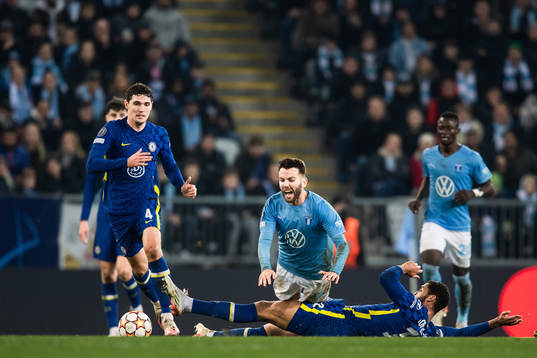 Erdal Rakip of Malmö FF against Andreas Christensen and Ruben Loftus Cheek of Chelsea