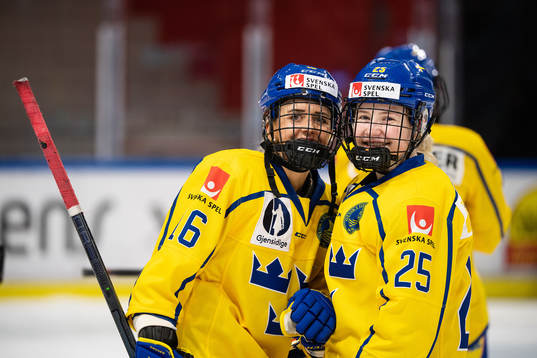 Linnea Johansson and Lina Ljungblom of Sweden celebrate