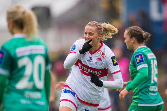 Maria Dybwad Brochmann of Sandviken celebrates after scoring the 3-0 goal