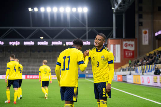 Anthony Elanga celebrate with Amin Sarr of Sweden after the 1-0 goal