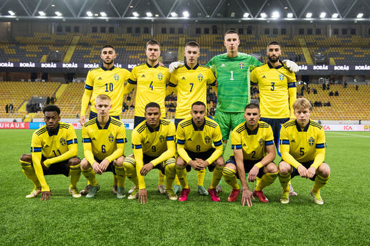 Rami Al Hajj, Pavle Vagic, Patrik Wålemark, goalkeeper Samuel Brolin, Aiham Ousou, Anthony Elanga, Carl Gustavsson, Amin Sarr, Bilal Hussein, Hussein Ali and Daniel Svensson of Sweden