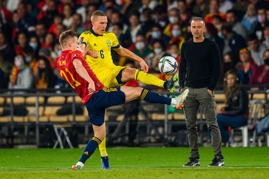 Ludwig Augustinsson of Sweden and Dani Olmo and head coach