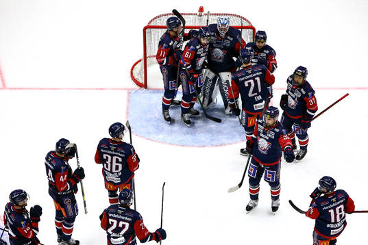 Linköpings spelare jublar och tackar målvakt David Rautio