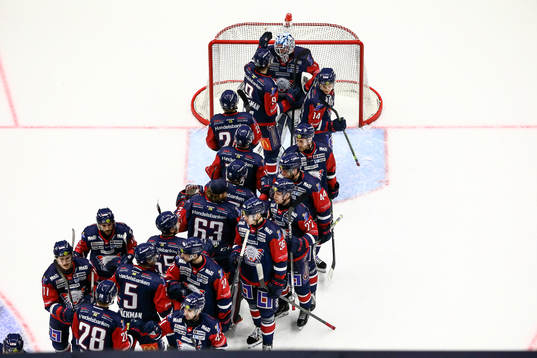 Linköpings spelare jublar och tackar målvakt David Rautio