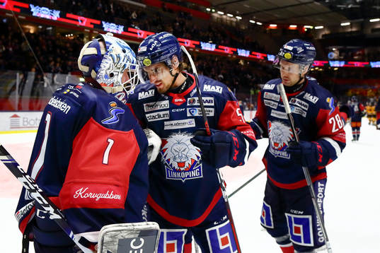 Linköpings målvakt David Rautio och Mattias Bäckman