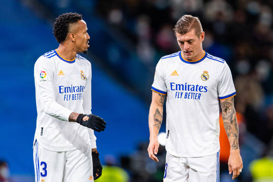 Eder Militao and Toni Kroos of Real Madrid