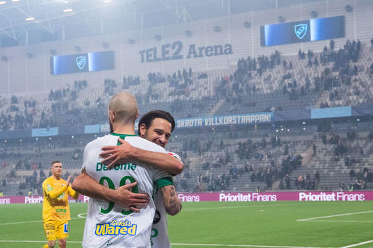 Varbergs Robin Simovic och Oliver Stanisic jublar