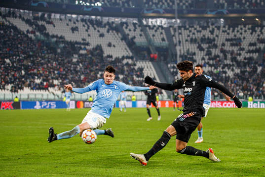 Anel Ahmedhodzic of Malmö FF and Alvaro Morata of Juventus