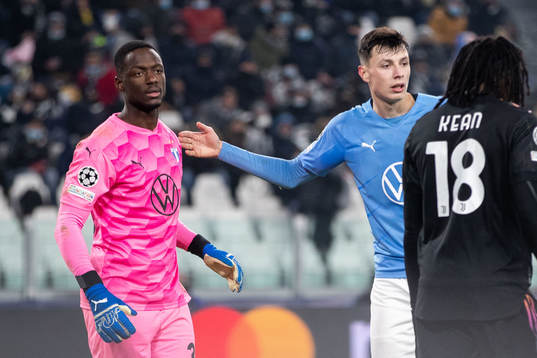 Goalkeeper Ismael Diawara and Anel Ahmedhodzic of Malmö FF