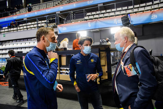 Doctor Örjan Johannesson, head coach Tomas Axnér speaks to Robert Perlskog commentator of Swedish broadcaster Viasat the IHF Women’s World Championship handball match between Kazakhstan and Sweden