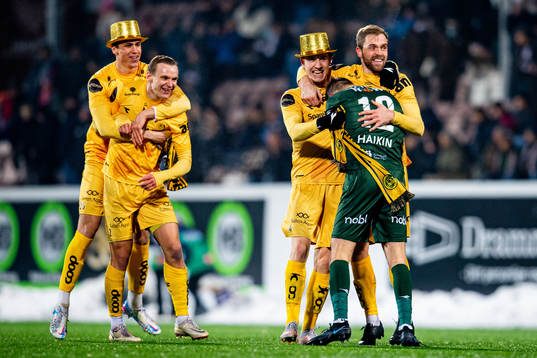 Marius Lode, Marius Høibråten, goalkeeper Nikita Haikin, Brede Mathias Moe and players of Bodø/Glimt celebrate winning the league