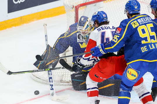 Goalkeeper Magnus Hellberg Sweden and Lukas Sedlak of Czech