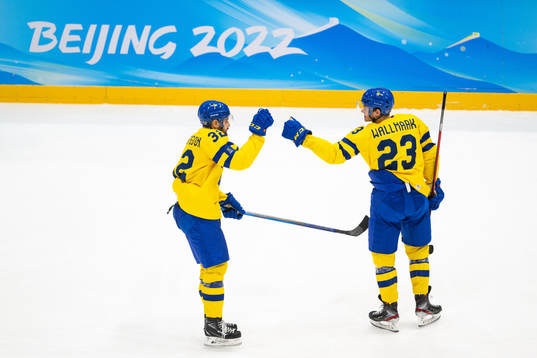 Lukas Bengtsson and Lucas Wallmark of Sweden celebrate the