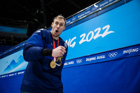 Marko Anttila of Finland celebrates with his gold medal