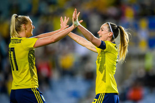Kosovare Asllani and Stina Blackstenius of Sweden celebrates after scoring 3-0