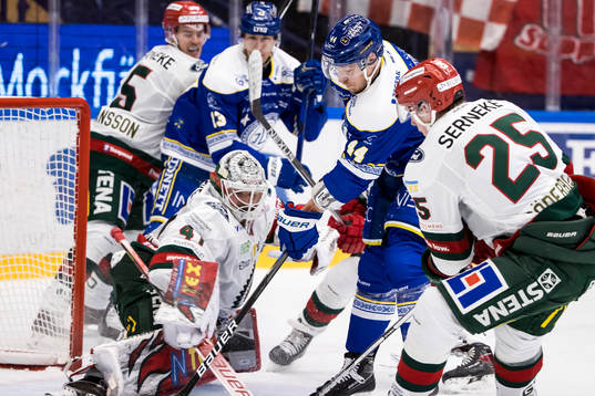 Frölundas målvakt Niklas Rubin och Leksands Carter Ashton