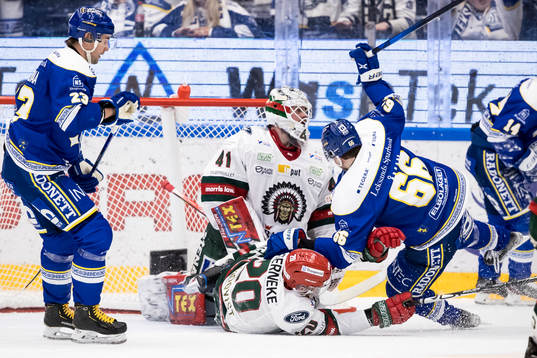 Frölundas målvakt Niklas Rubin och Leksands Nils Åman
