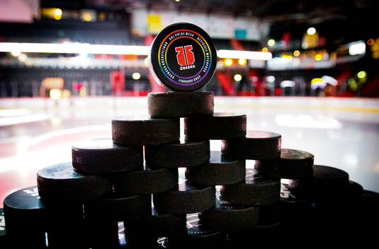 En puck med pride logo