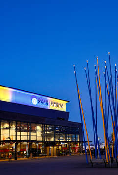 The arena is lit in the Ukrainian colors
