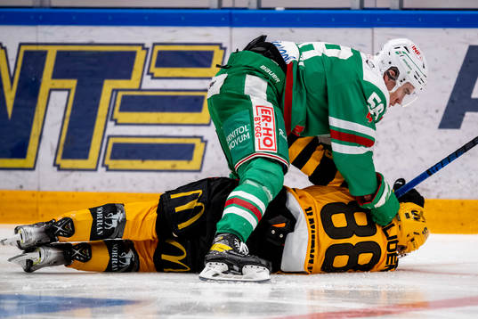 Rögles Ryan McKiernan ikamp med Skellefteås Jayce Hawryluk