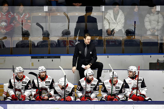 Malmö Redhawks bås med tränare Tomas Kollar