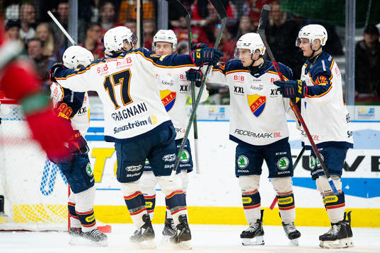 Djurgårdens Sebastian Strandberg jublar med lagkamrater