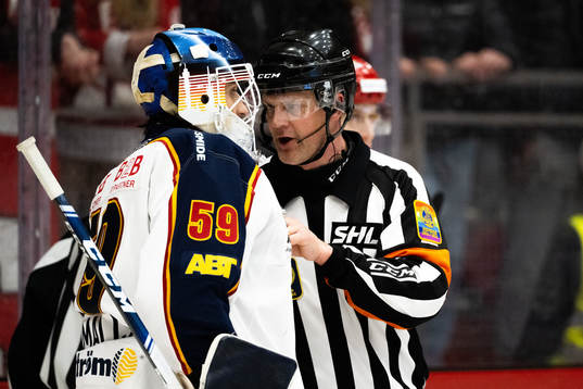 Djurgårdens målvakt Mantas Armalis och domaren Mikael Nord