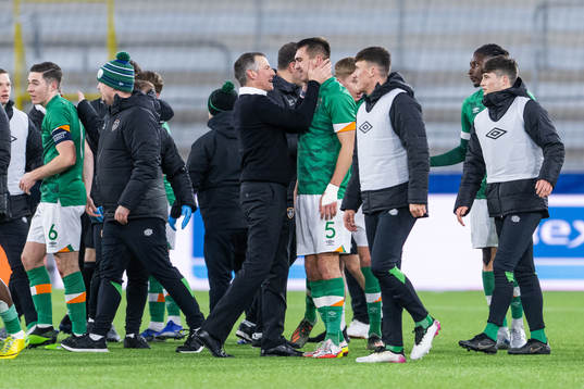 Head coach James Crawford of Ireland celebrates with Oisin McEntee