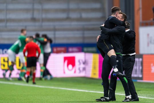goalkeeper Brian Maher of Ireland celebrate after Tyreik Wright (not pictured scored 0-2