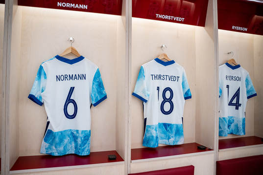 The kits of Mathias Normann, Kristian Thorstvedt and Julian Ryerson of Norway in the dressing room ahead of the international friendly football match between Norway and Armenia on March 29, 2022 in Oslo. 