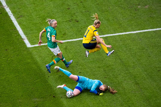 Louise Quinn and goalkeeper Courtney Brosnan of Ireland
