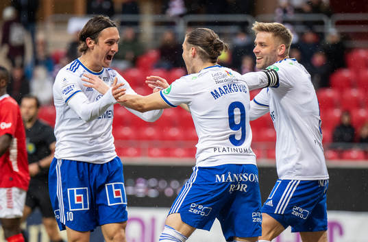 IFK Norrköpings Eman Markovic jublar efter 0-1 med Jonathan Levi