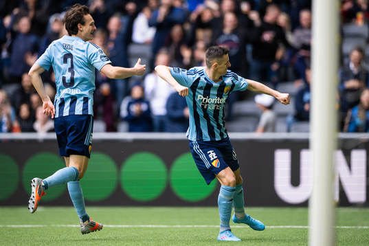 Djurgårdens Hjalmar Ekdal och Haris Radetinac jublar efter 3-0