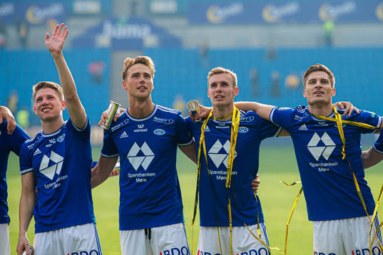 Markus André Kaasa, Magnus Retsius Grødem, Sivert Heggheim Mannsverk and Kristoffer Haugen of Molde celebrates with the trophy