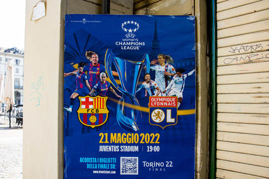 A poster with players of Barcelona and Lyon ahead of the UEFA Women's Champions League final on May 20, 2022 in Turin.