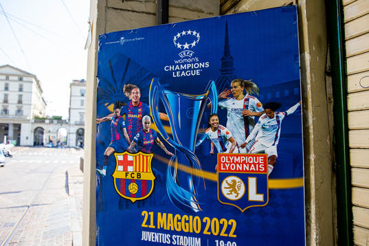 A poster with players of Barcelona and Lyon ahead of the UEFA Women's Champions League final on May 20, 2022 in Turin.