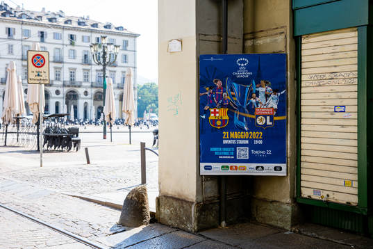 A poster with players of Barcelona and Lyon ahead of the UEFA Women's Champions League final on May 20, 2022 in Turin.