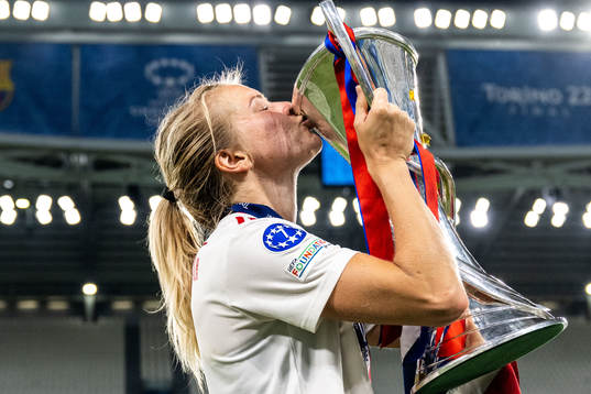 Ada Hegerberg of Lyon celebrates winning the UEFA Women's Champions League final match between Barcelona and Lyon