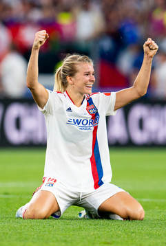 Ada Hegerberg of Lyon celebrates at the final whistle winning the UEFA Women's Champions League final match between Barcelona and Lyon
