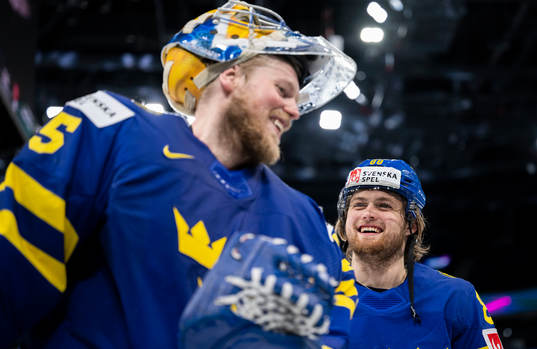 Goaltender Magnus Hellberg and William Nylander of Sweden
