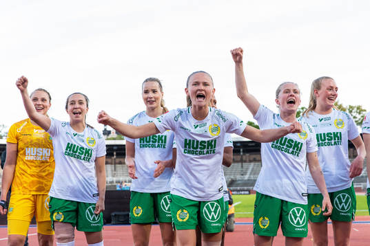 Hammarbys målvakt Anna Tamminen, Fanny Hjelm, Eva Nyström, Matilda Vinberg, Emilia Larsson och Sara Eriksson jublar