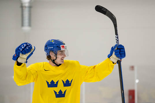 Nils Åman of Sweden celebrates at a practice session