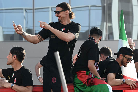 Zlatan Ibrahimovic of Milan celebrates during the victory parade after winning Serie A on May 23, 2022 in Milan. 
